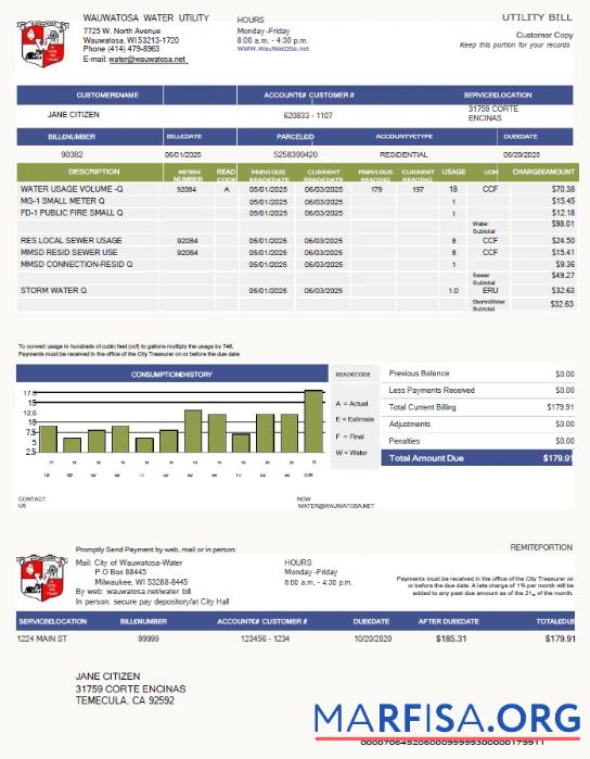 Realistic USA Wauwatosa Water utility bill template in Word and PDF formats